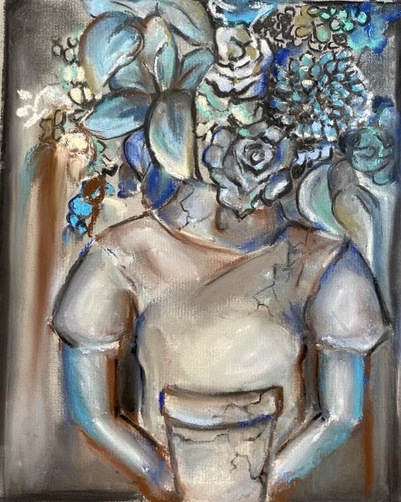 A painting of a human with blue-colored flowers coming out of its head