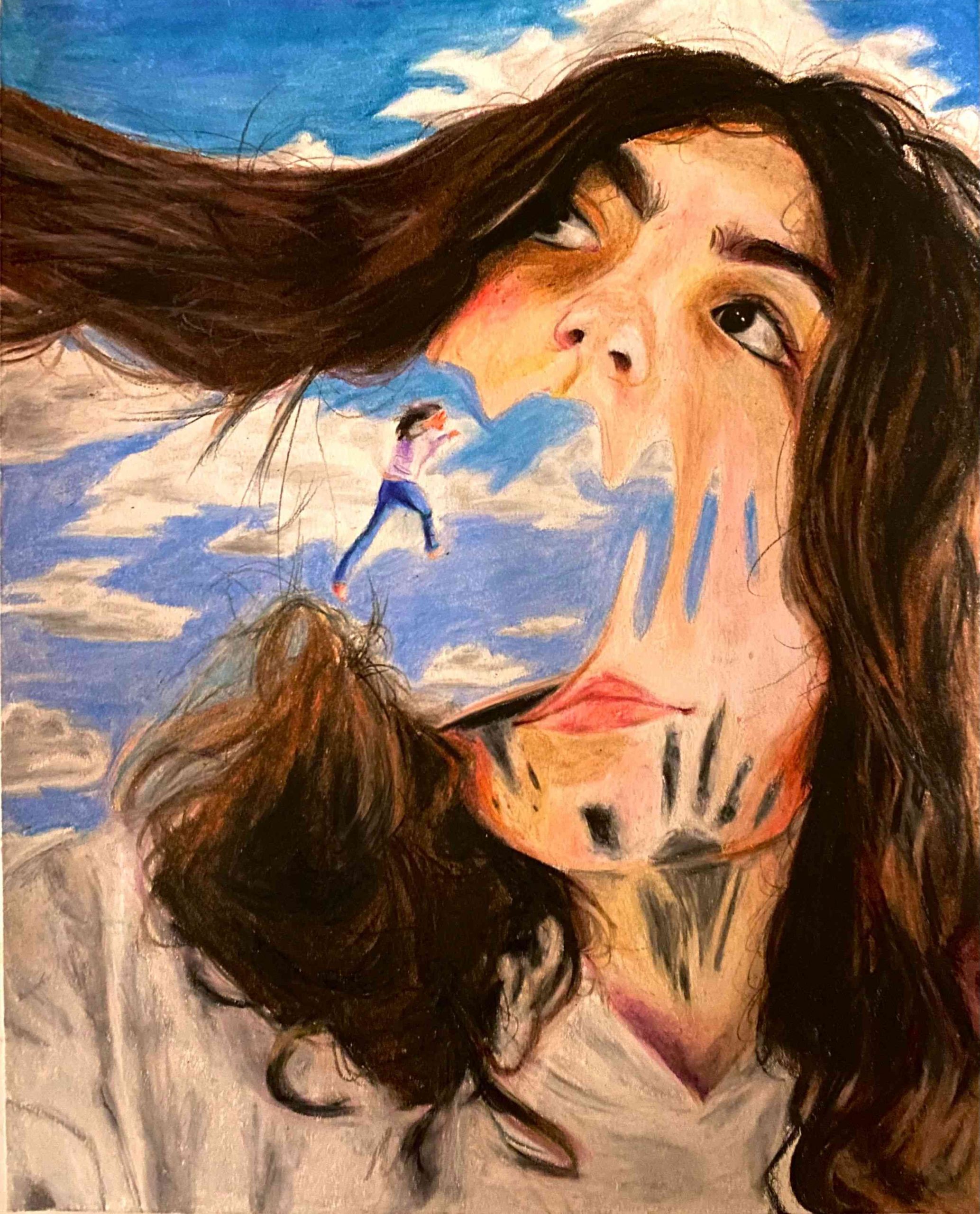 A surreal painting of a woman where there is an ocean in her mouth