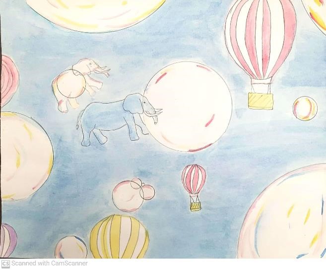 Colorful hot balloons and elephants are flying in the air