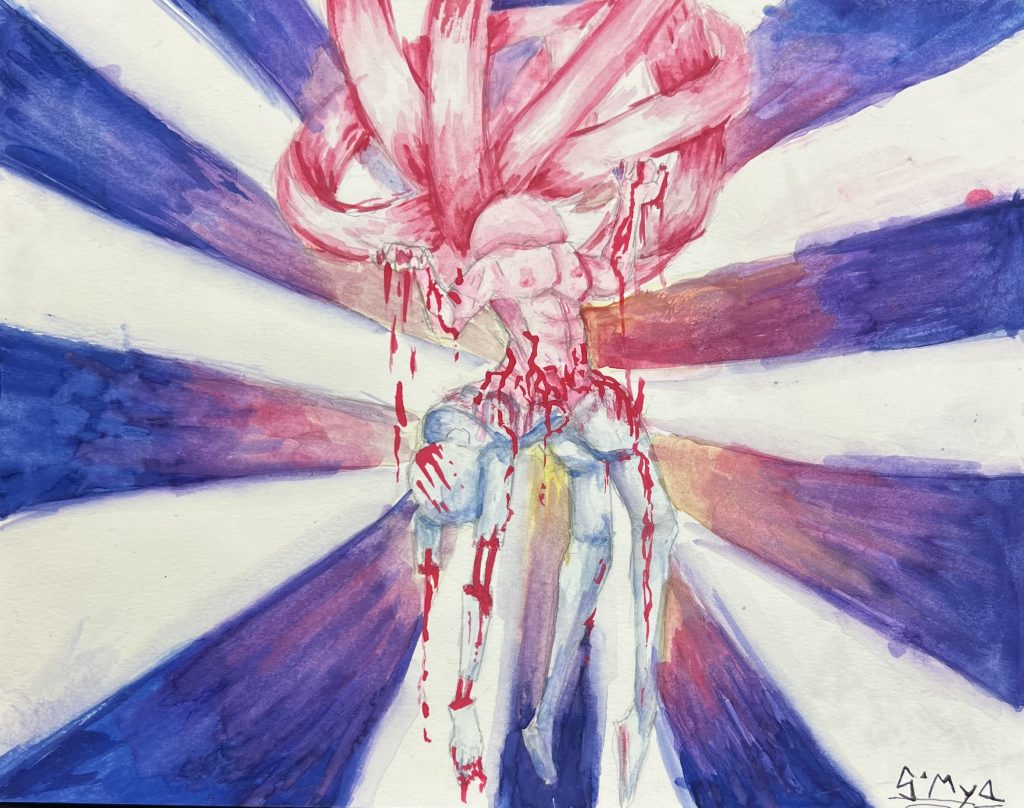 A dynamic painting with blue, red and white colors where a woman is being born