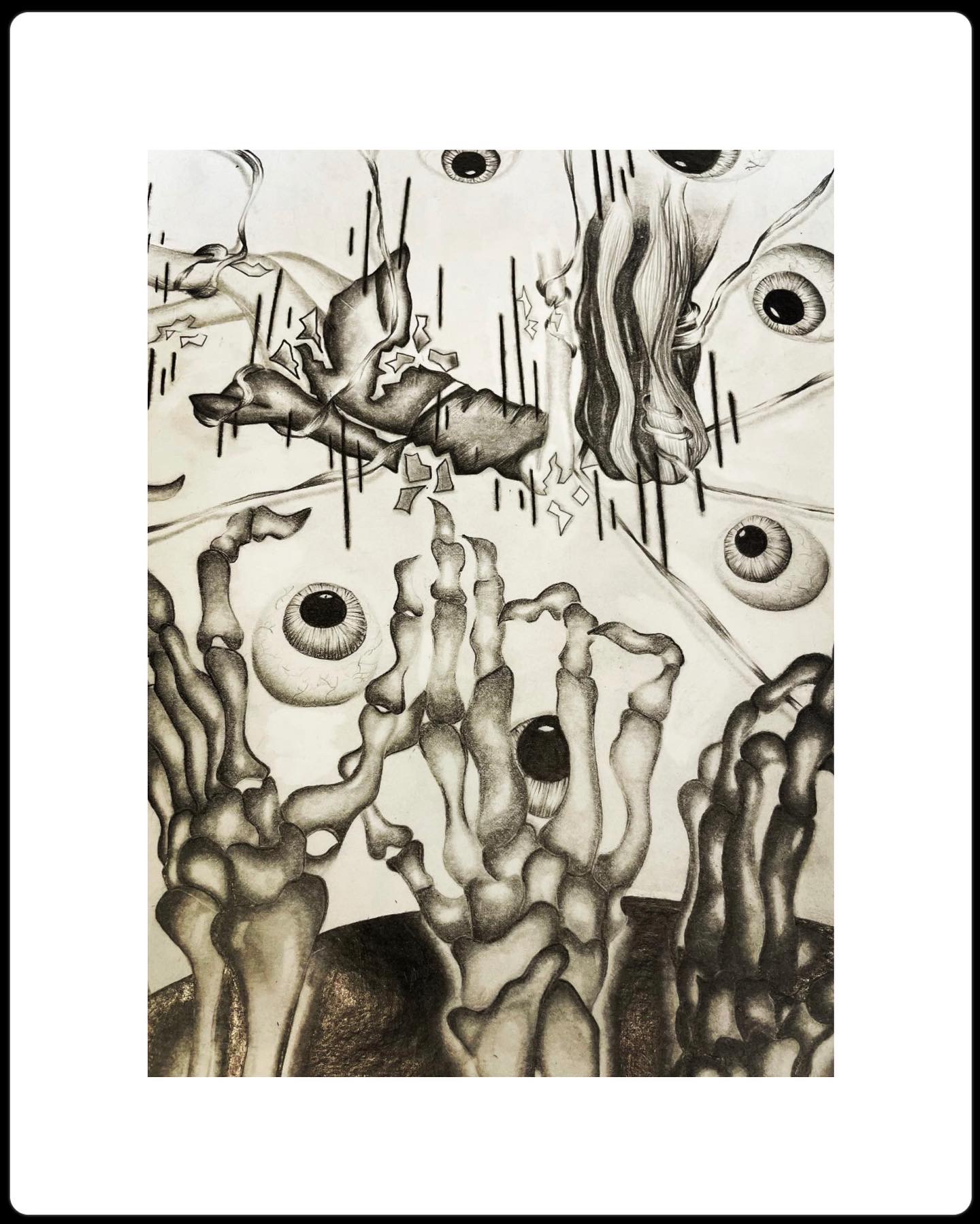 A black and white painting with several skeleton hands and eyeballs