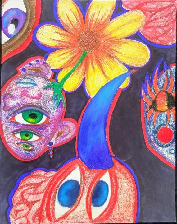 Colorful objects such as an eye, and a flower