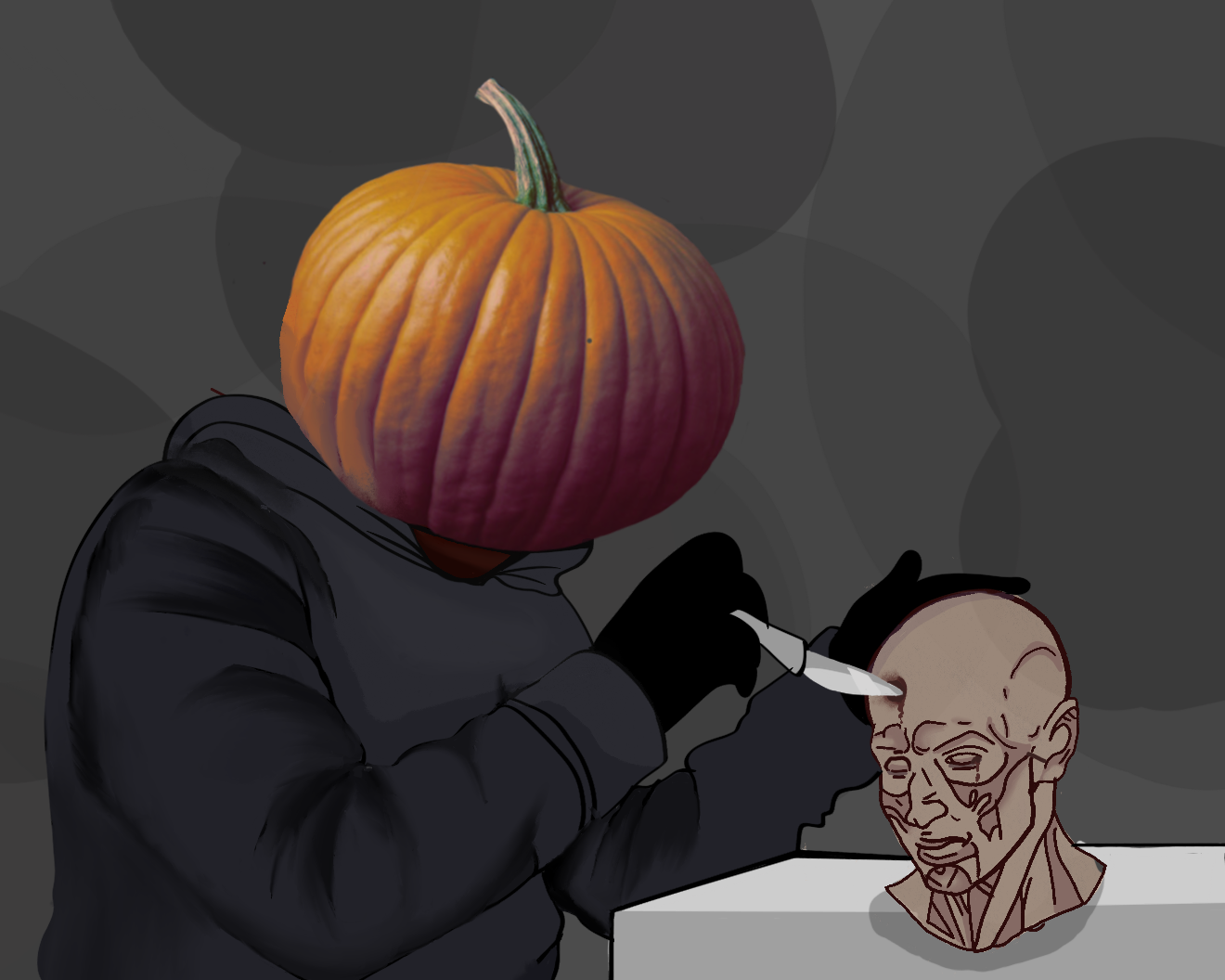 A pumpkin-headed figure is carving a human head