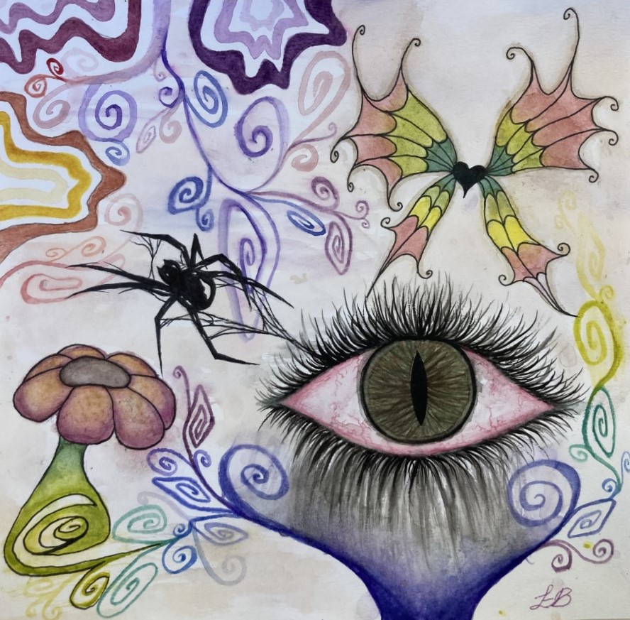 A surreal painting with an eye, mushroom, and a butterfly
