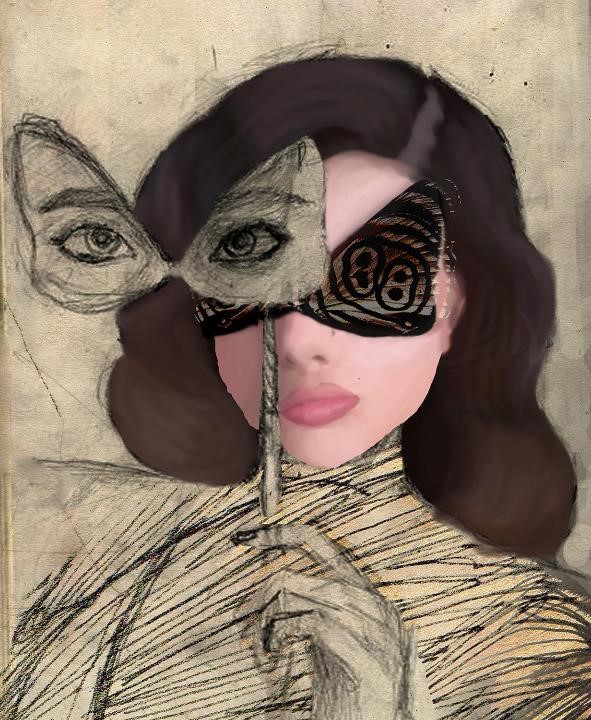 A portrait of a young woman with a butterfly mask covering her eyes