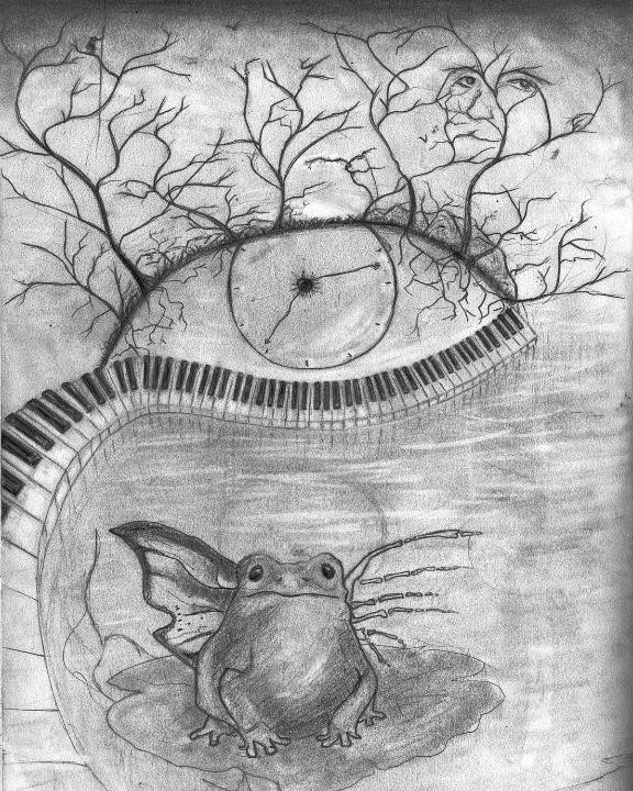 A sketch of an eye with a frog on the bottom and piano keys in the middle