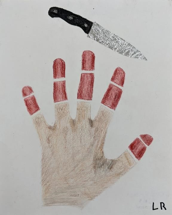 A sketch of a hand with red fingers