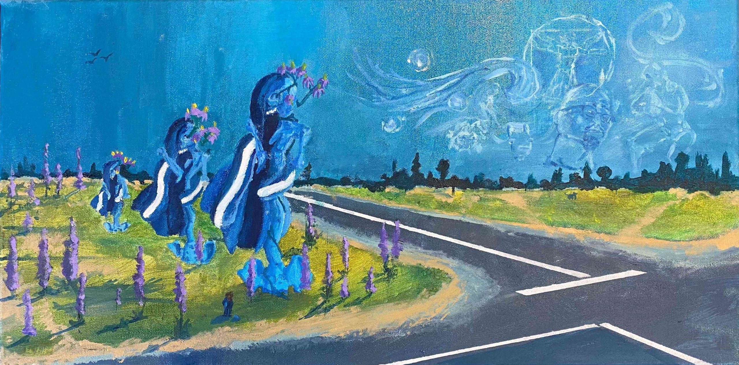 Three surreal figures are are at crossroads
