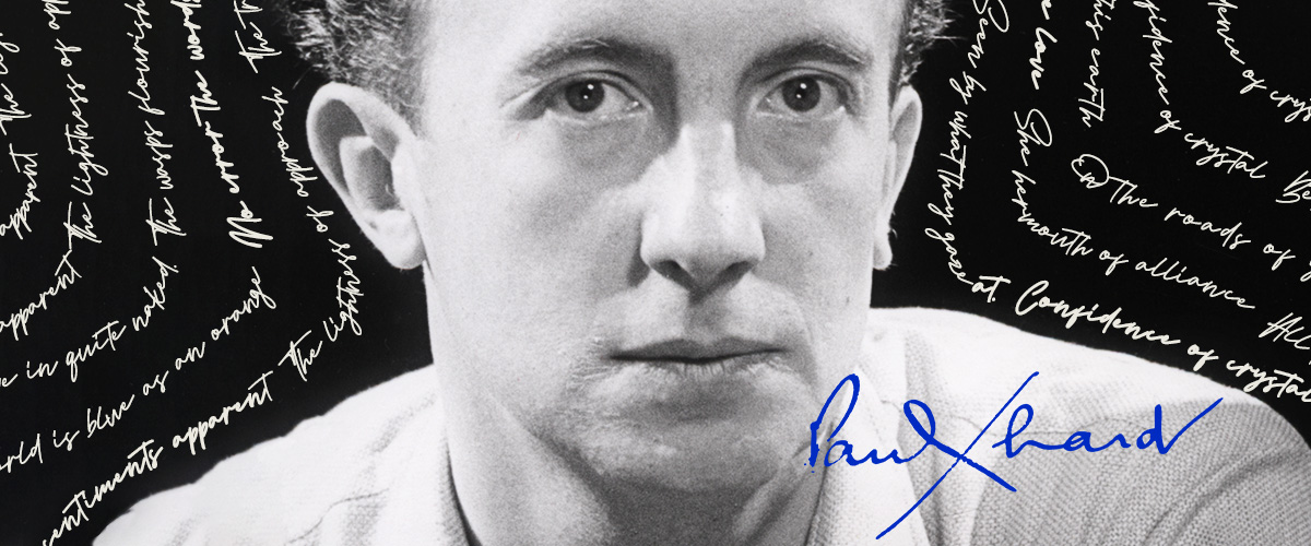 Paul Eluard headshot with poetic handwriting over black background