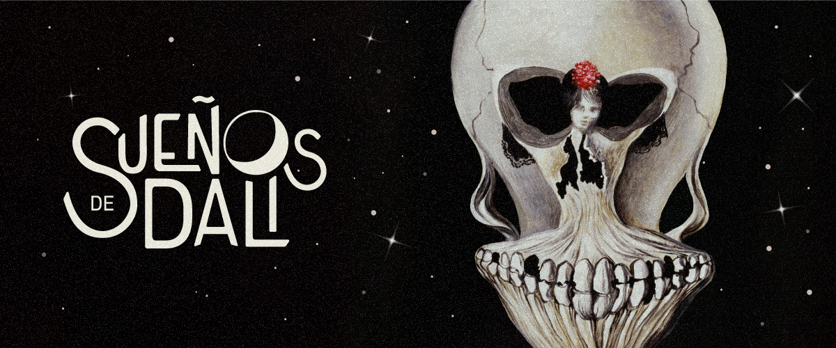 Sueños event banner with stars and skull