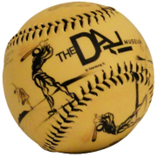 a yellow baseball with black and black graphics