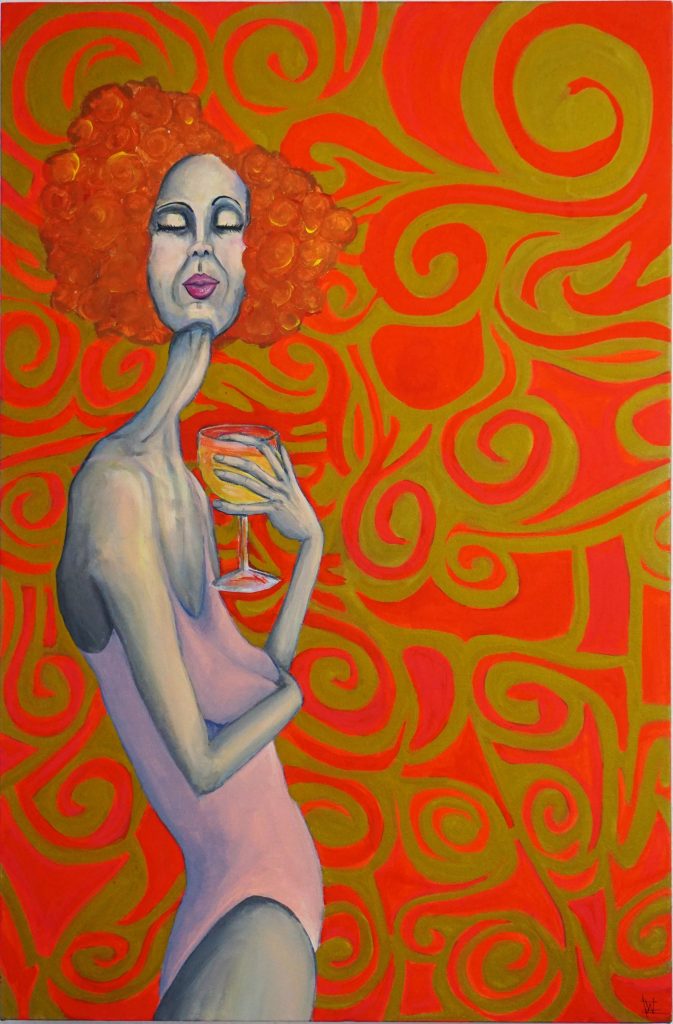 artwork of a person holding a glass of wine
