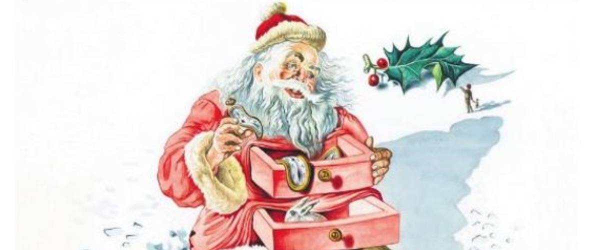 a painting of a santa claus holding a box