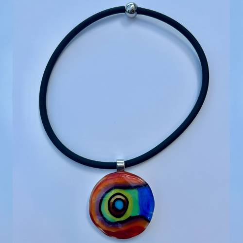 red, green and blue necklace with black string