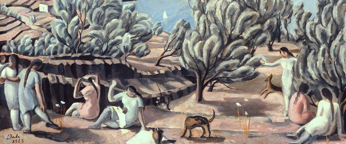 A painting by Salvador Dalí of a rural landscape with a group of people engaging in various activities, such as sitting, standing, and interacting with dogs