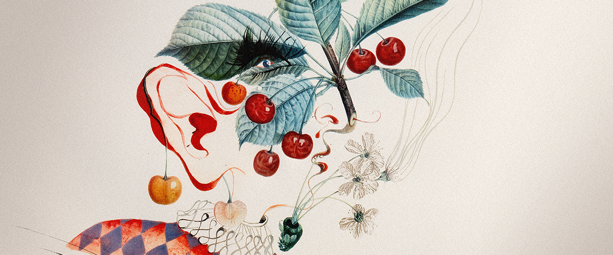 a painting of a cherry branch with leaves and flowers