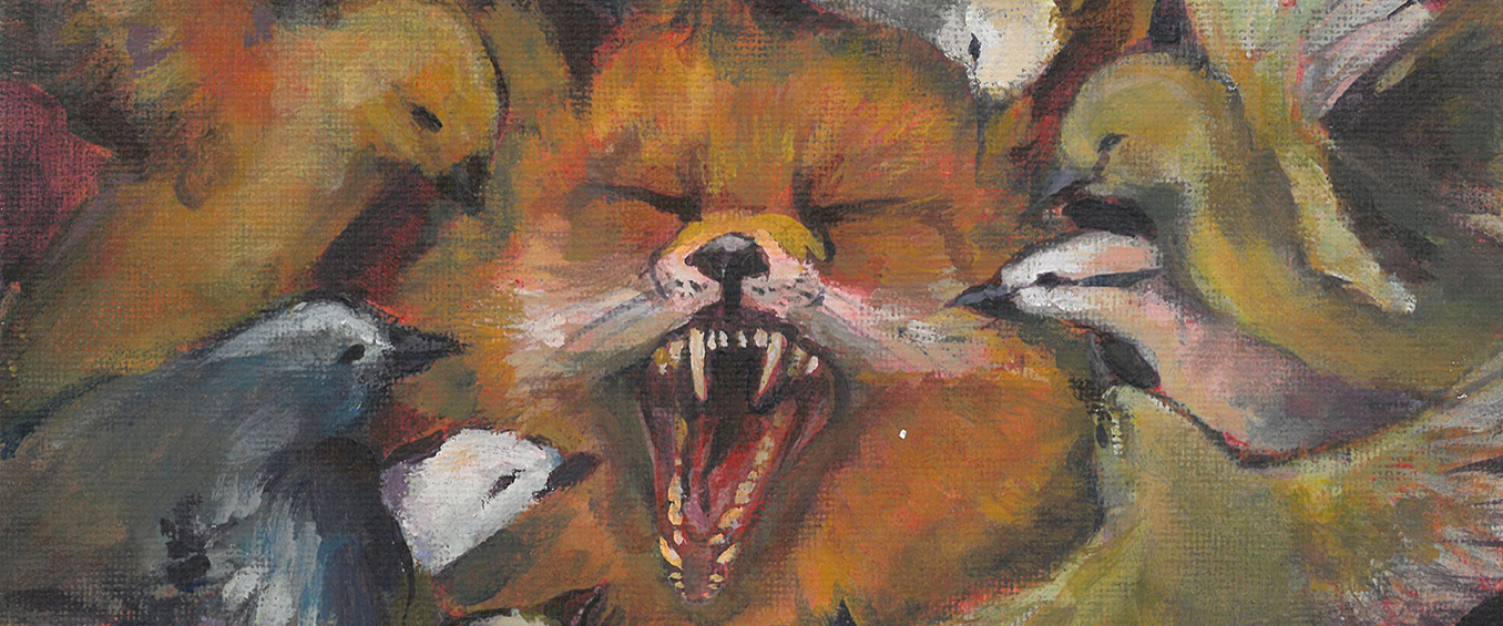 a painting of a fox surrounded by birds