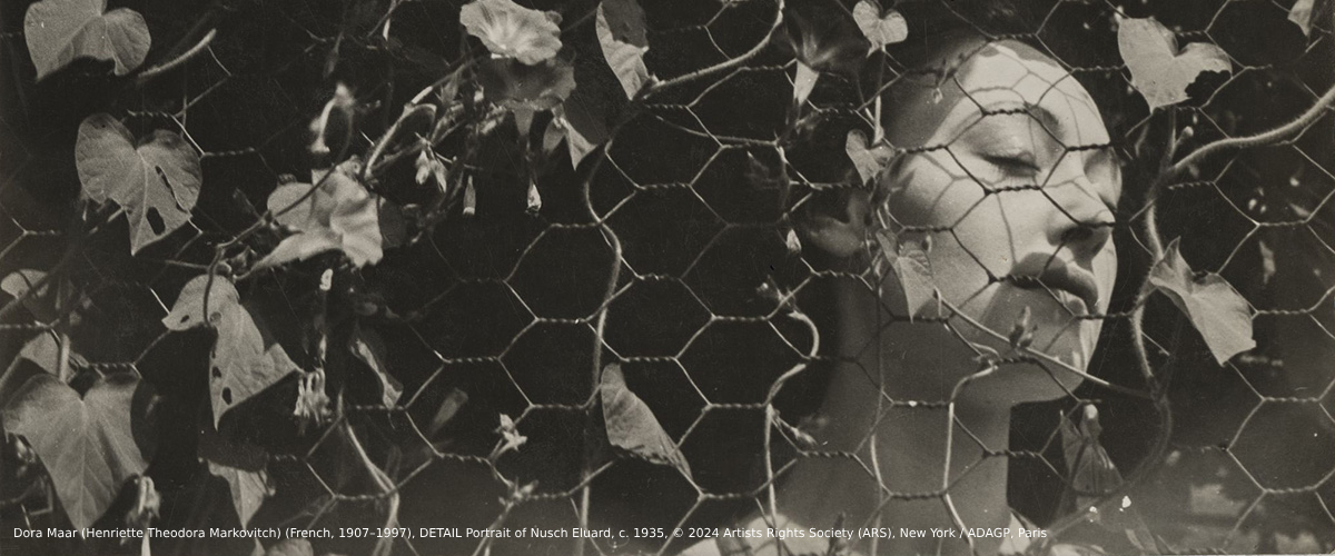 A woman standing behind a fence covered in leaves.