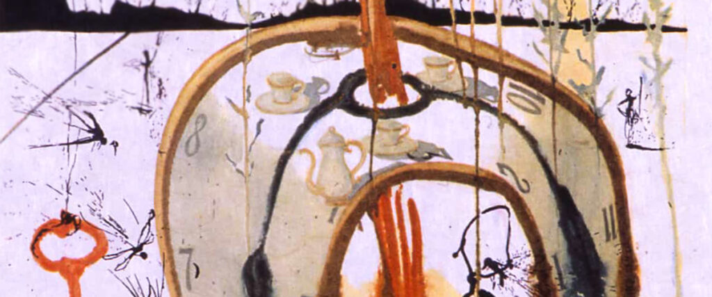 Surreal painting with a distorted clock displaying teapots and cups inside. Abstract shapes and melting forms create a dreamlike, whimsical atmosphere.