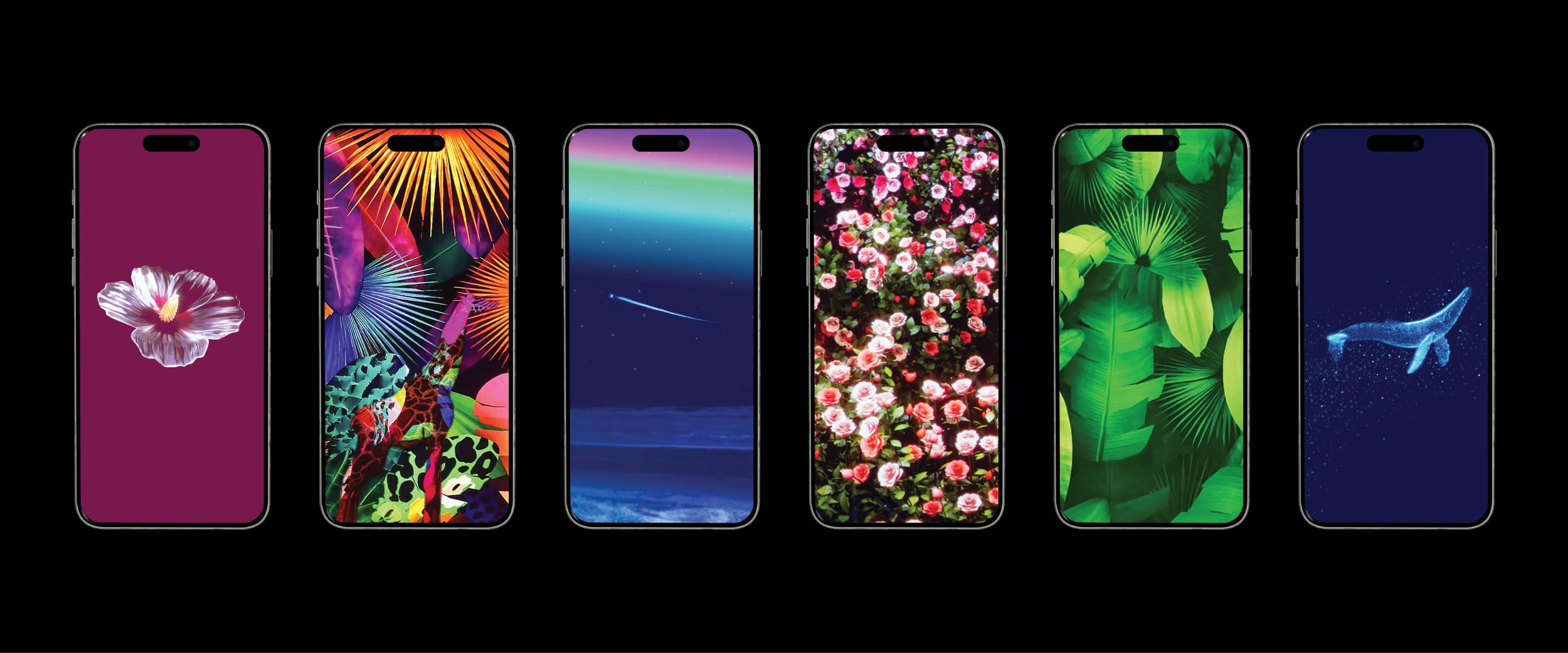 A row of six smartphone mockups displays free mobile wallpapers inspired by Surreal Nature.